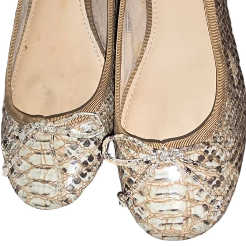 10022-Shoe Saks Fifth‎ Avenue Green/Brown Leather Snake Skin Bow Flats Sz 7